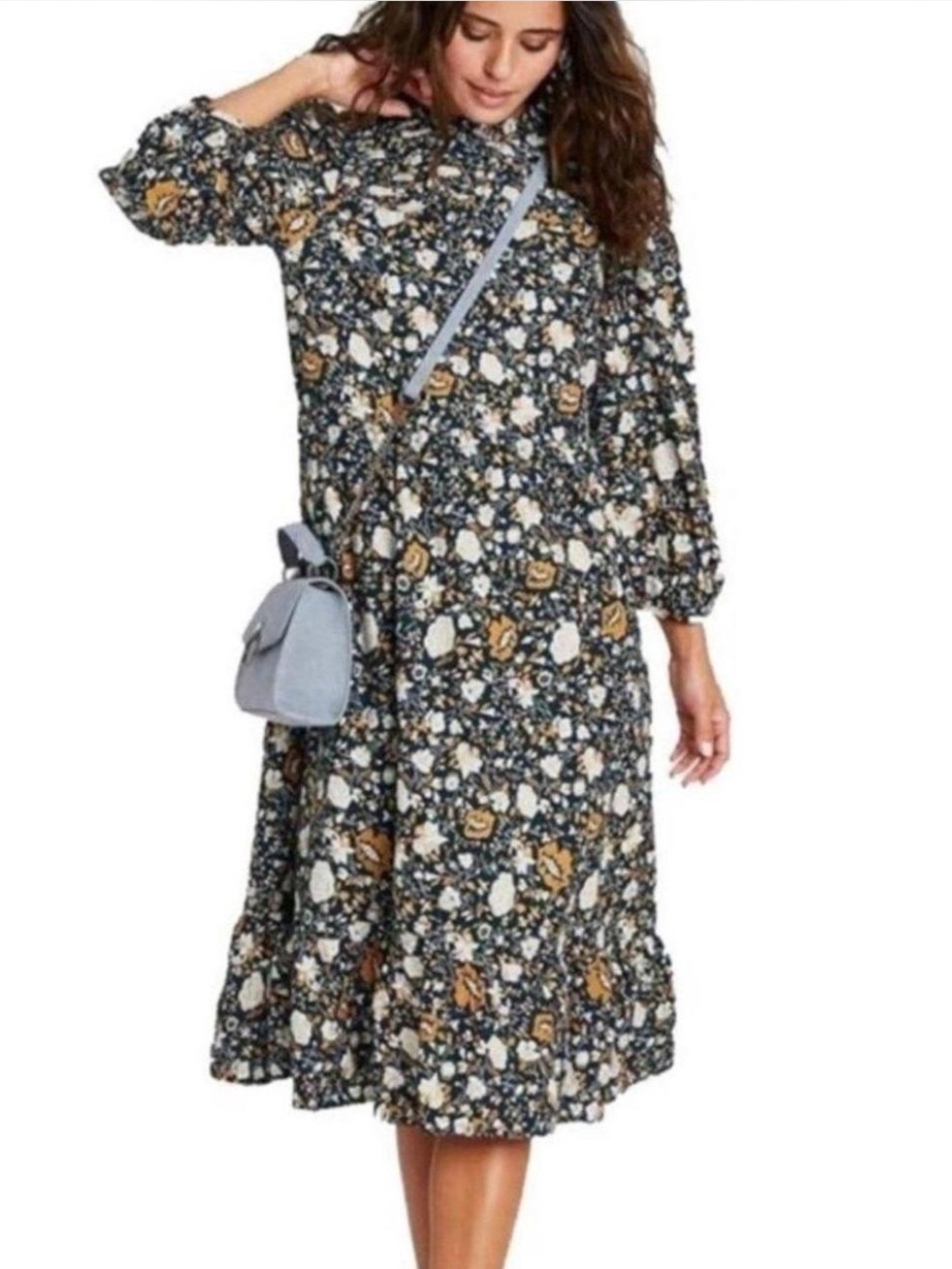 Universal Thread Black Floral Midi Dress with Mustard Accents